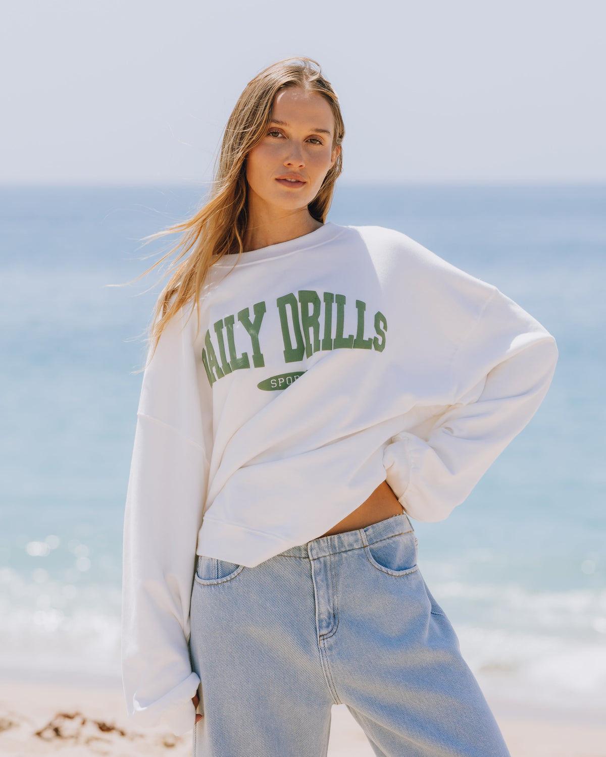 Oversized Sport Crew - Raw White with DD Green