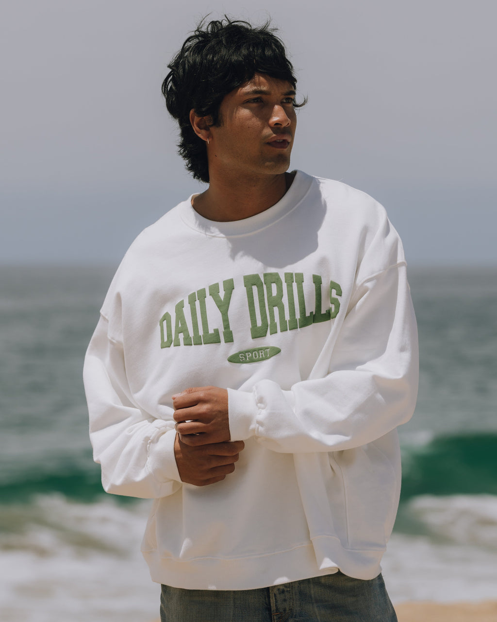 Oversized Sport Crew - Raw White with DD Green